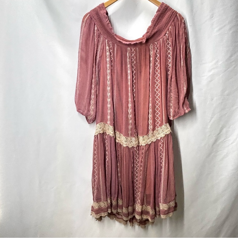 Floreat Boho Sweet Lace Peasant Embroidered Dress Dusty Rose-Peach Gauze Large - Picture 2 of 16